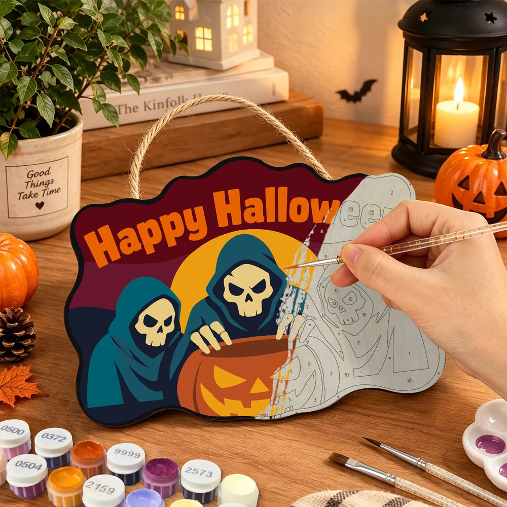 Paint by Numbers - Wooden Door Hanger | Happy Halloween Reapers Over a Pumpkin