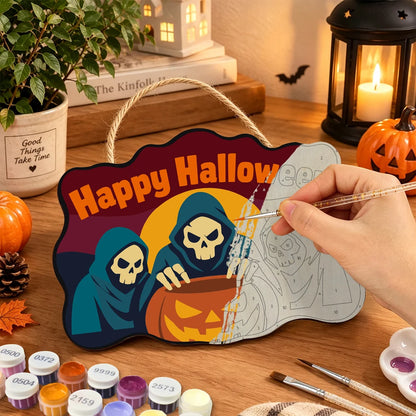 Paint by Numbers - Wooden Door Hanger | Happy Halloween Reapers Over a Pumpkin