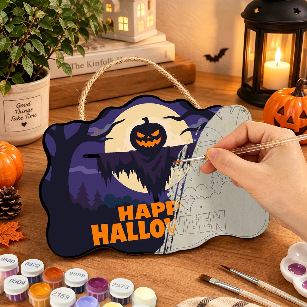 Paint by Numbers - Wooden Door Hanger | Happy Halloween Scarecrow Silhouette
