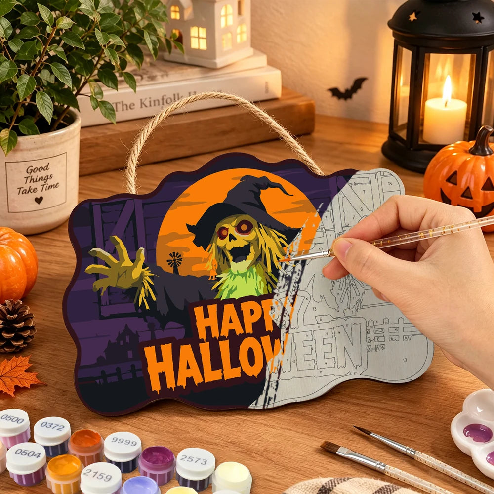 Paint by Numbers - Wooden Door Hanger | Happy Halloween Scarecrow at Night