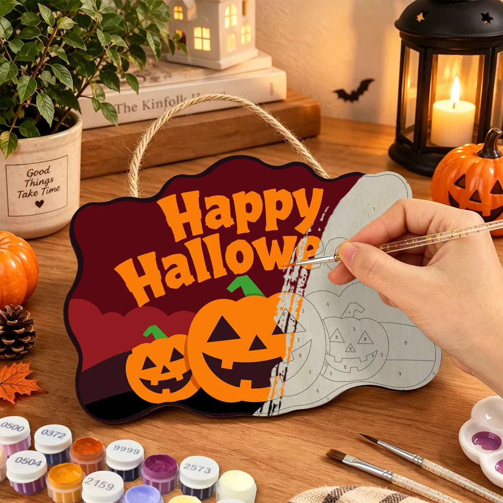 Paint by Numbers - Wooden Door Hanger | Happy Halloween Three Pumpkins