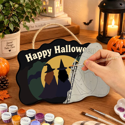 Paint by Numbers - Wooden Door Hanger | Happy Halloween Three Witches