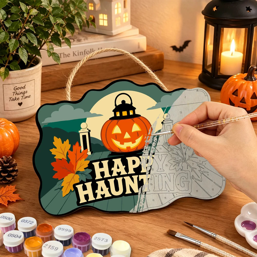 Paint by Numbers - Wooden Door Hanger | Happy Haunting Pumpkin Lanterns