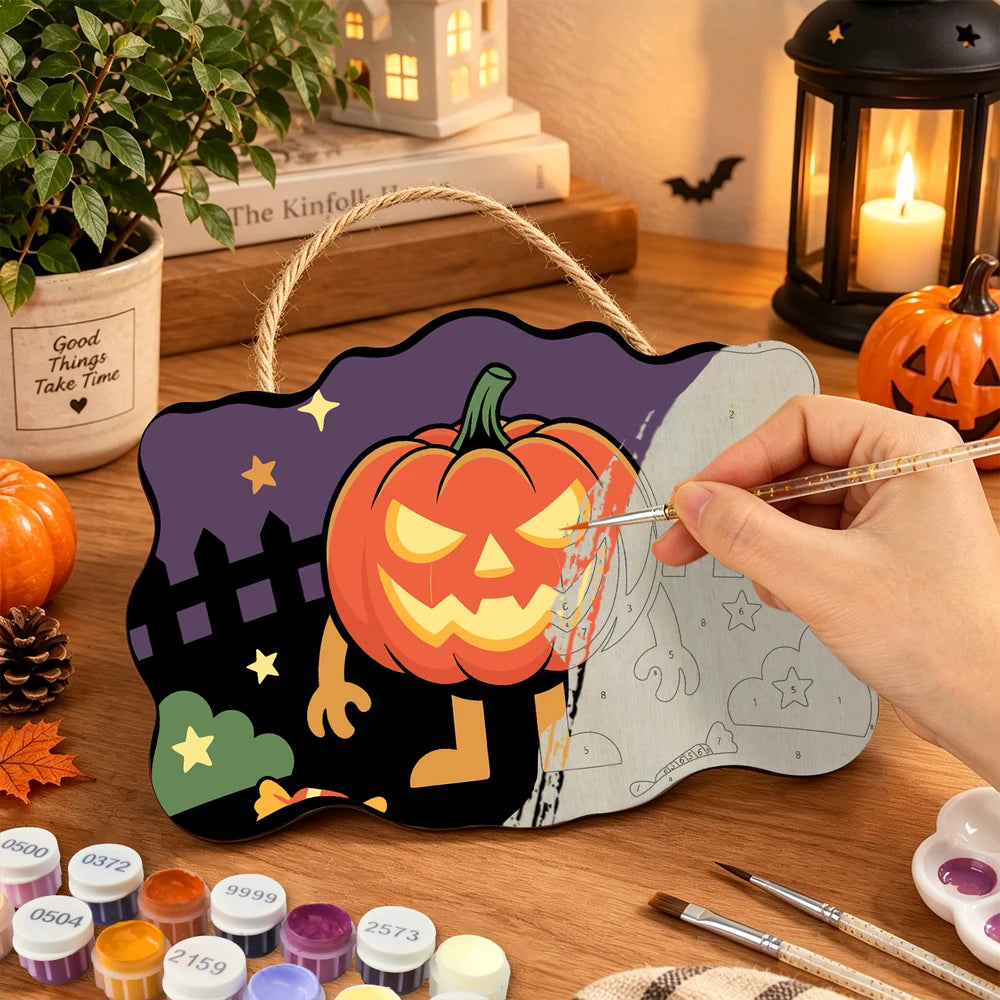 Paint by Numbers - Wooden Door Hanger | Jack-o'-Lantern Man on the Fence