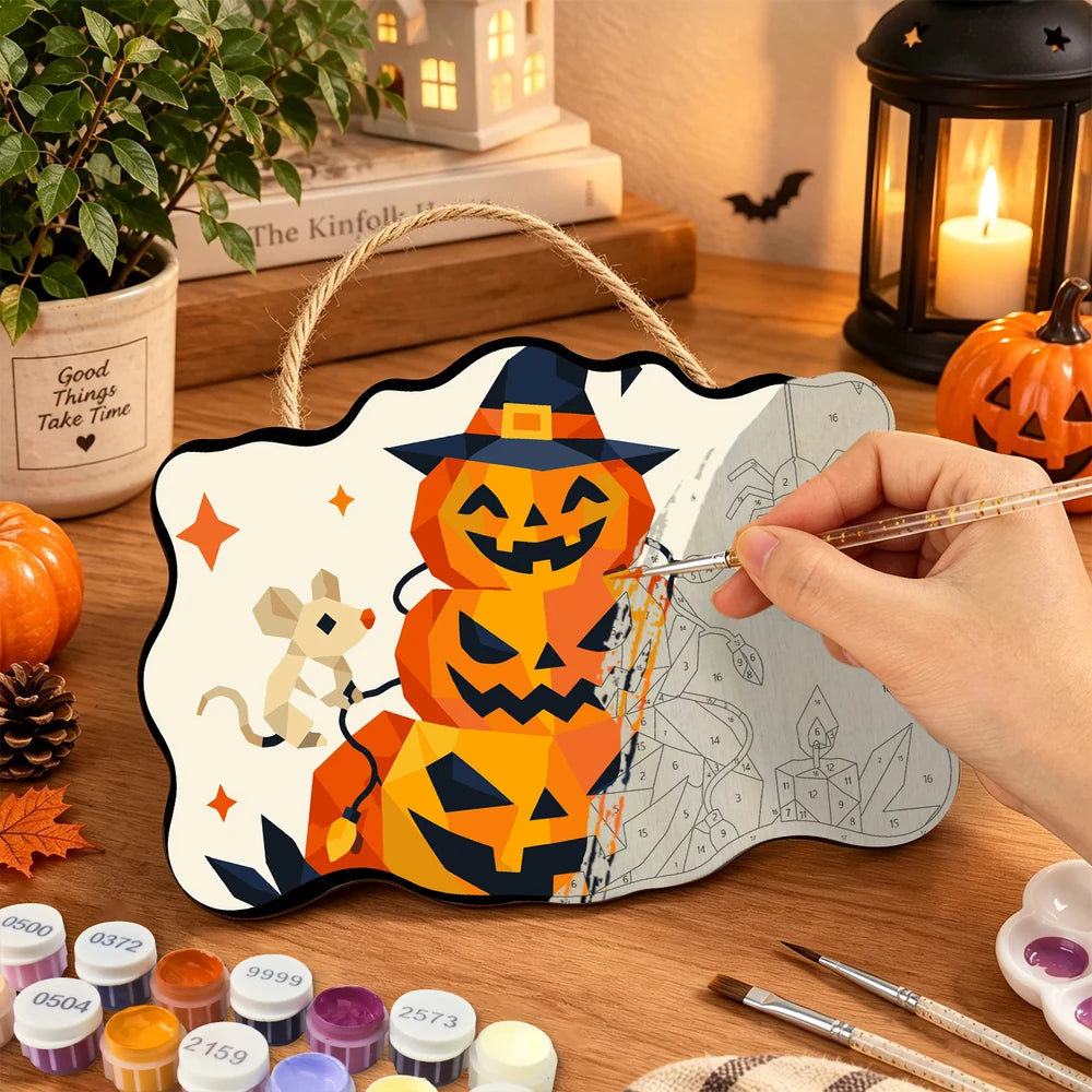Paint by Numbers - Wooden Door Hanger | Jack-o'-Lantern Tower with a Mouse