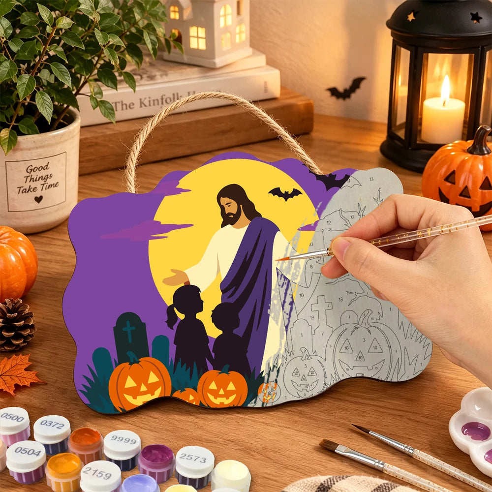 Paint by Numbers - Wooden Door Hanger | Jesus Blessing the Children at Halloween