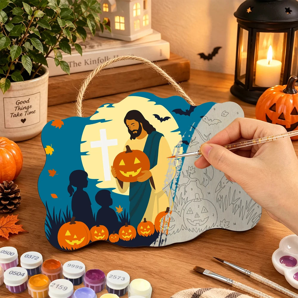 Paint by Numbers - Wooden Door Hanger | Jesus Giving a Jack-o'-Lantern