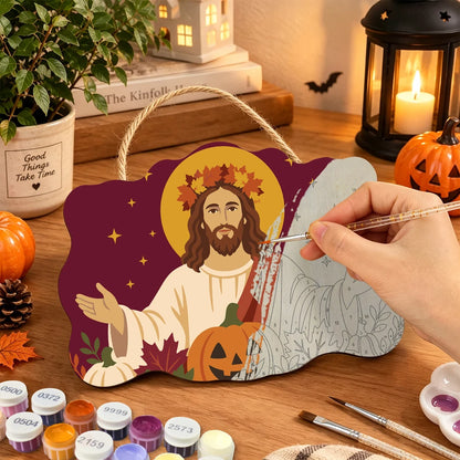 Paint by Numbers - Wooden Door Hanger | Jesus with Open Arms in Autumn
