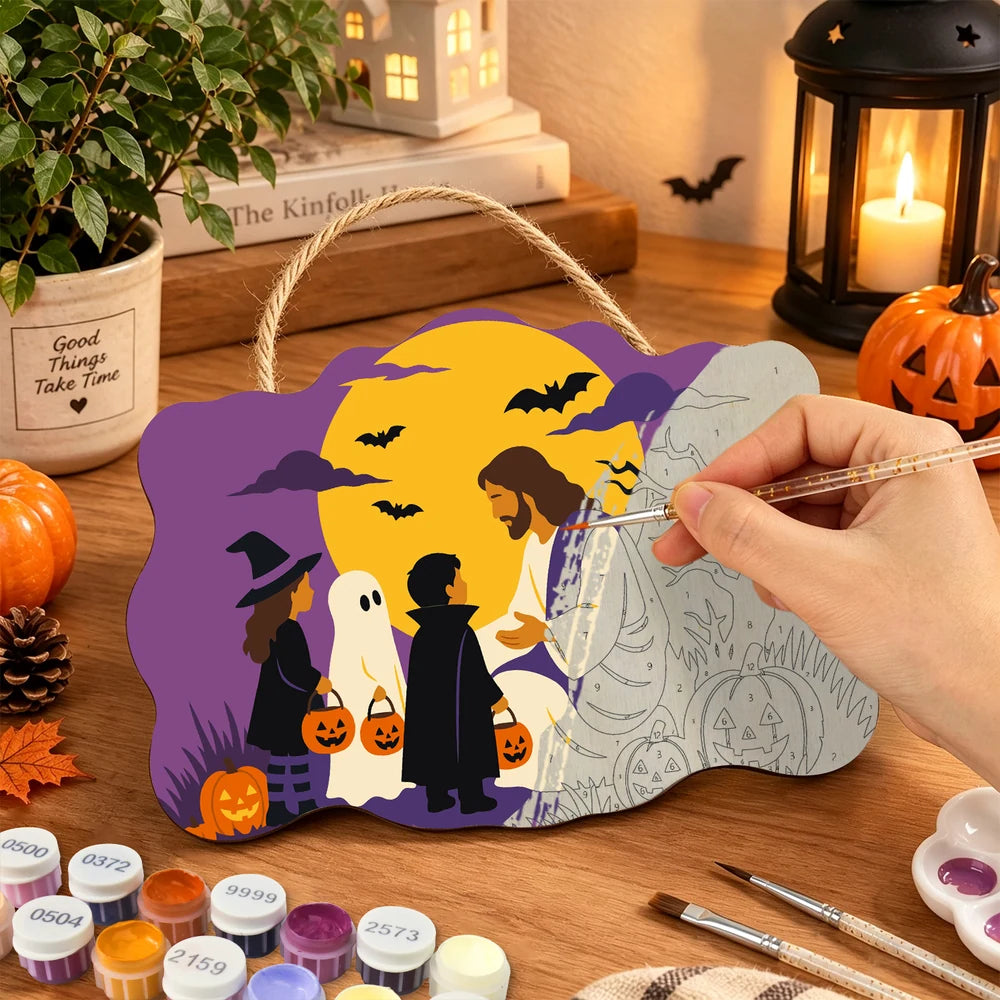 Paint by Numbers - Wooden Door Hanger | Jesus with Trick-or-Treaters