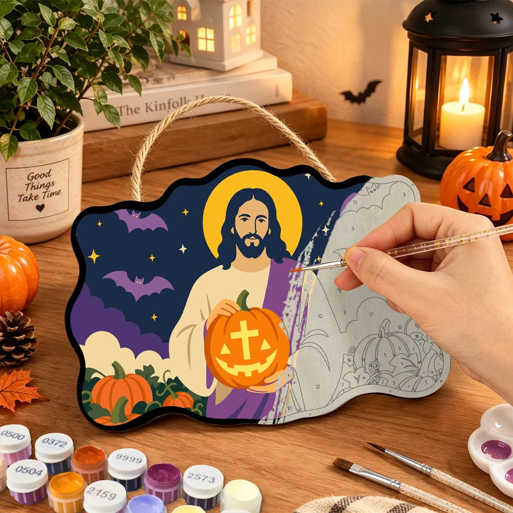 Paint by Numbers - Wooden Door Hanger | Jesus with a Cross Pumpkin