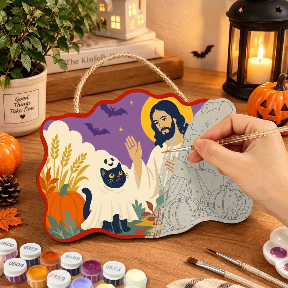 Paint by Numbers - Wooden Door Hanger | Jesus with a Ghost Cat