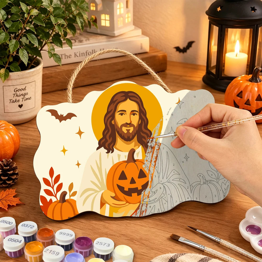 Paint by Numbers - Wooden Door Hanger | Jesus with a Jack-o'-Lantern in Autumn