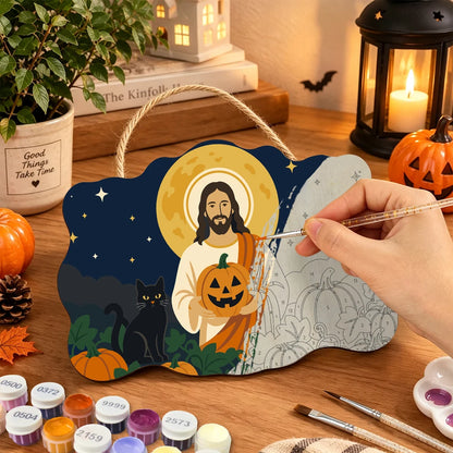 Paint by Numbers - Wooden Door Hanger | Jesus with a Pumpkin and Black Cat