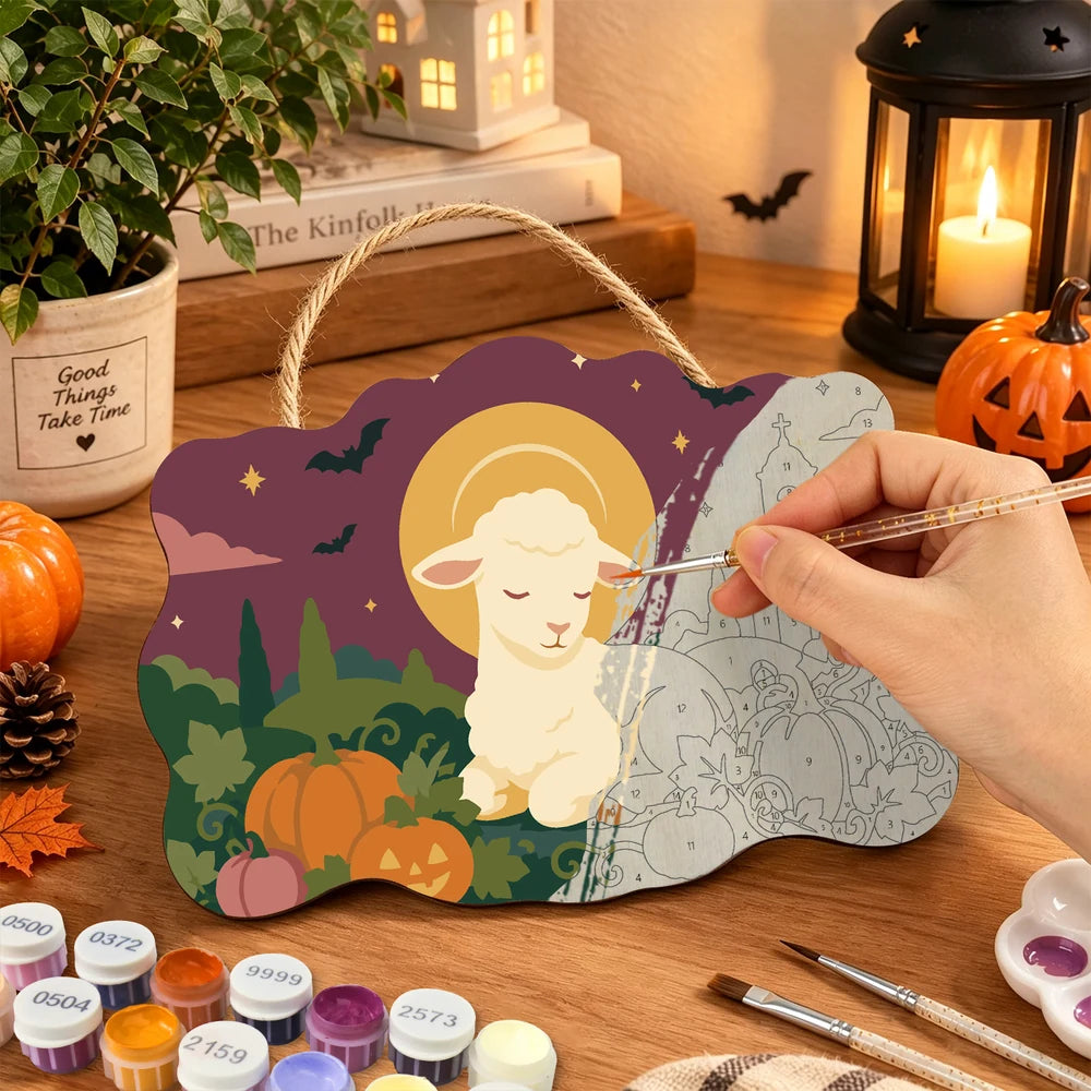 Paint by Numbers - Wooden Door Hanger | Lamb Resting in the Pumpkin Patch
