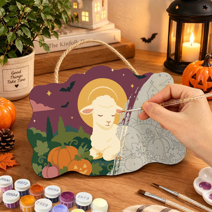Paint by Numbers - Wooden Door Hanger | Lamb Resting in the Pumpkin Patch