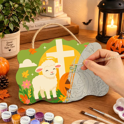 Paint by Numbers - Wooden Door Hanger | Lamb with a Cross and Pumpkin