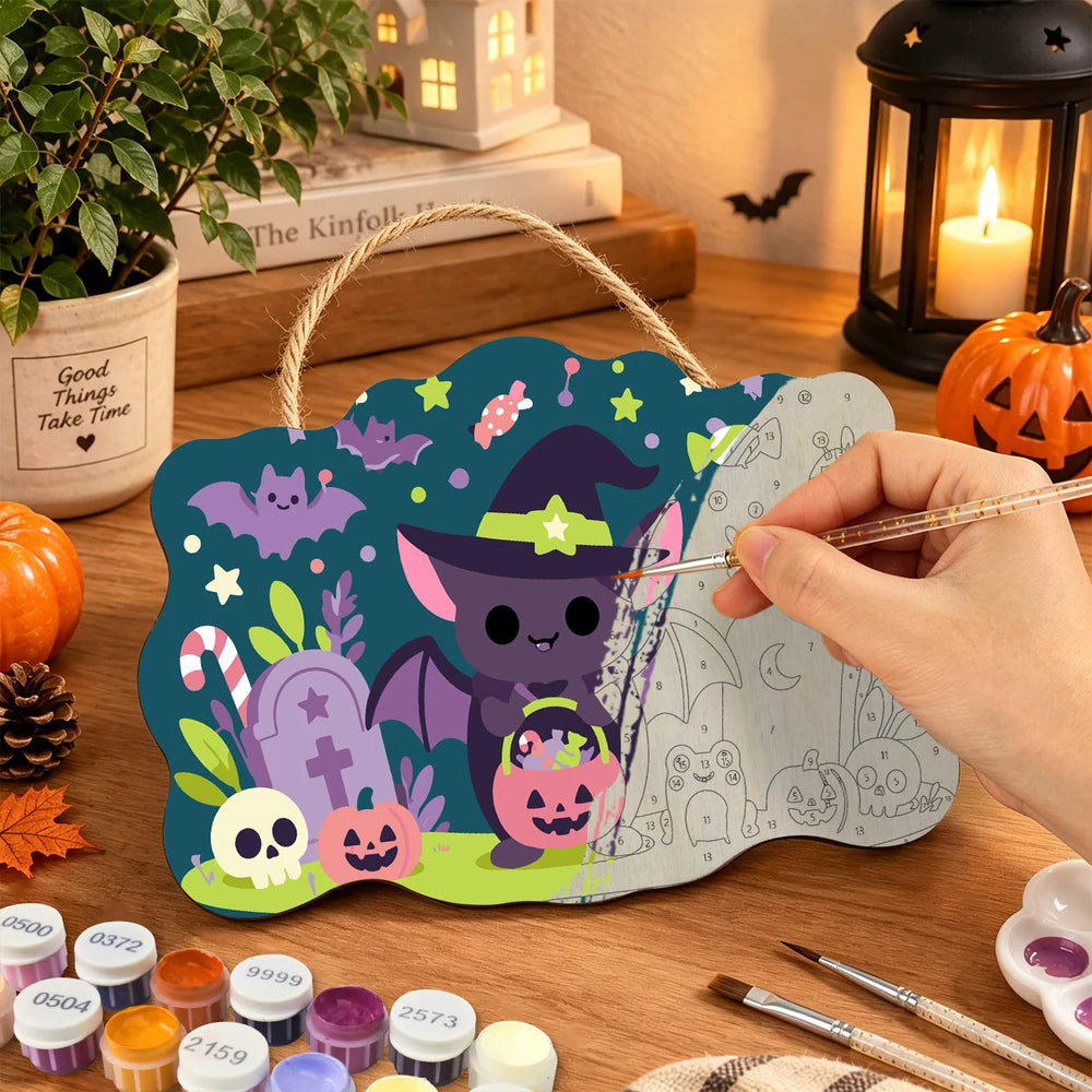 Paint by Numbers - Wooden Door Hanger | Little Bat with a Candy Basket
