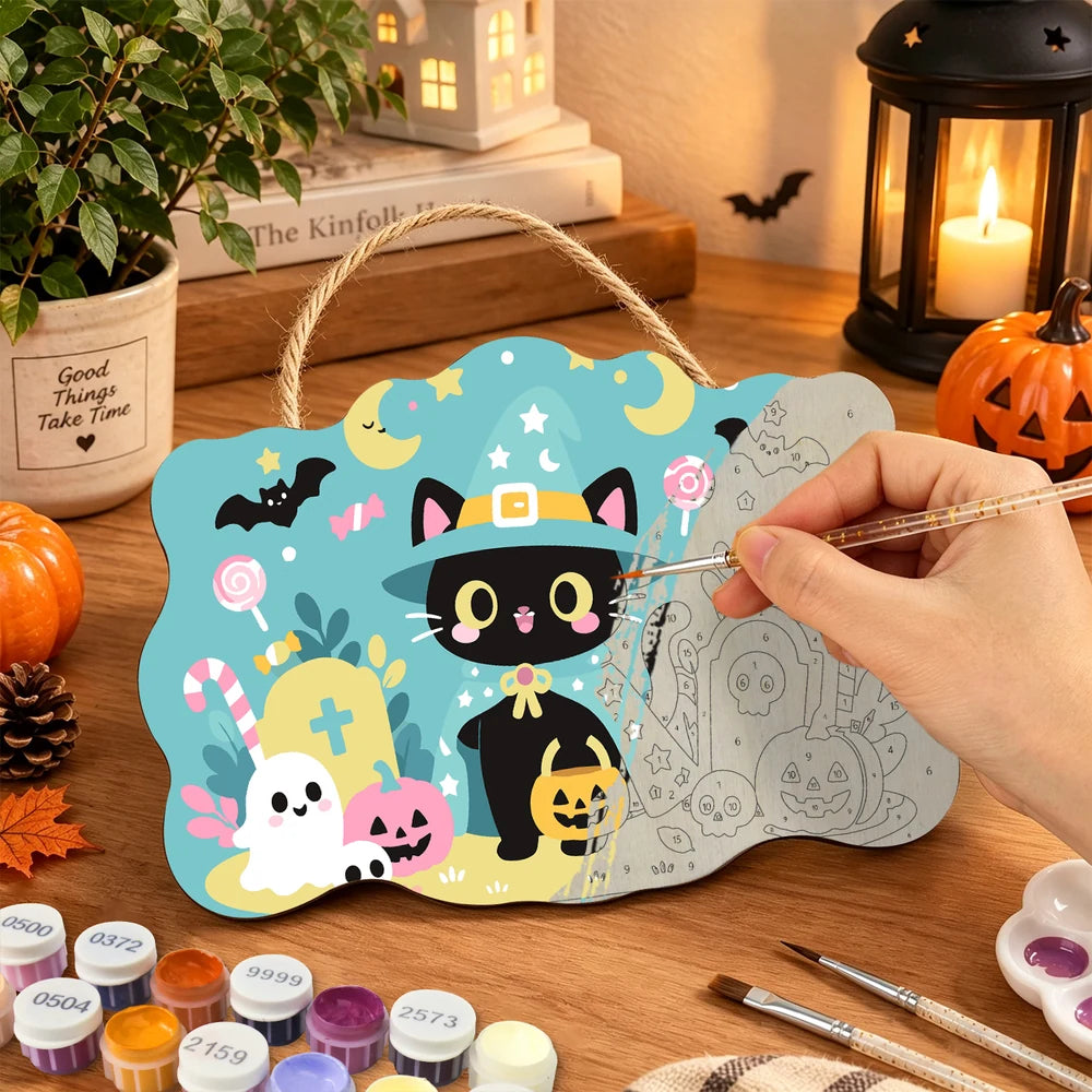 Paint by Numbers - Wooden Door Hanger | Little Black Cat with a Candy Bucket