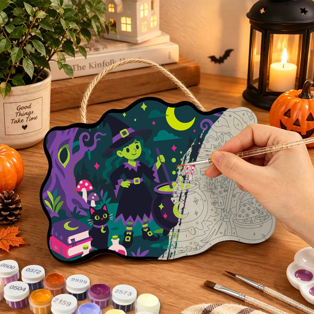 Paint by Numbers - Wooden Door Hanger | Little Witch at the Mushroom Cauldron