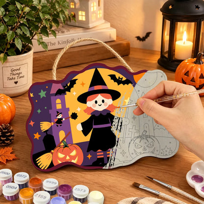 Paint by Numbers - Wooden Door Hanger | Little Witch with Pumpkins