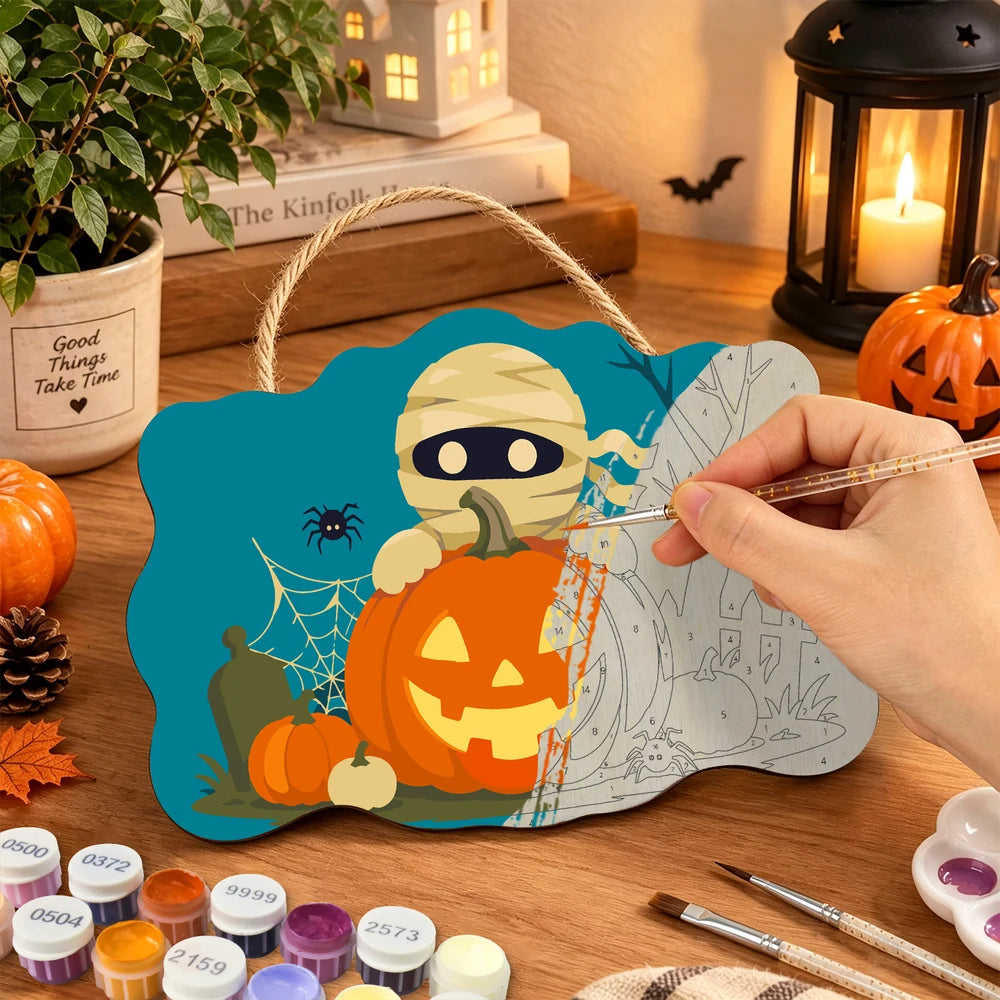 
Paint by Numbers - Wooden Door Hanger | Mummy Behind a Jack-o'-Lantern