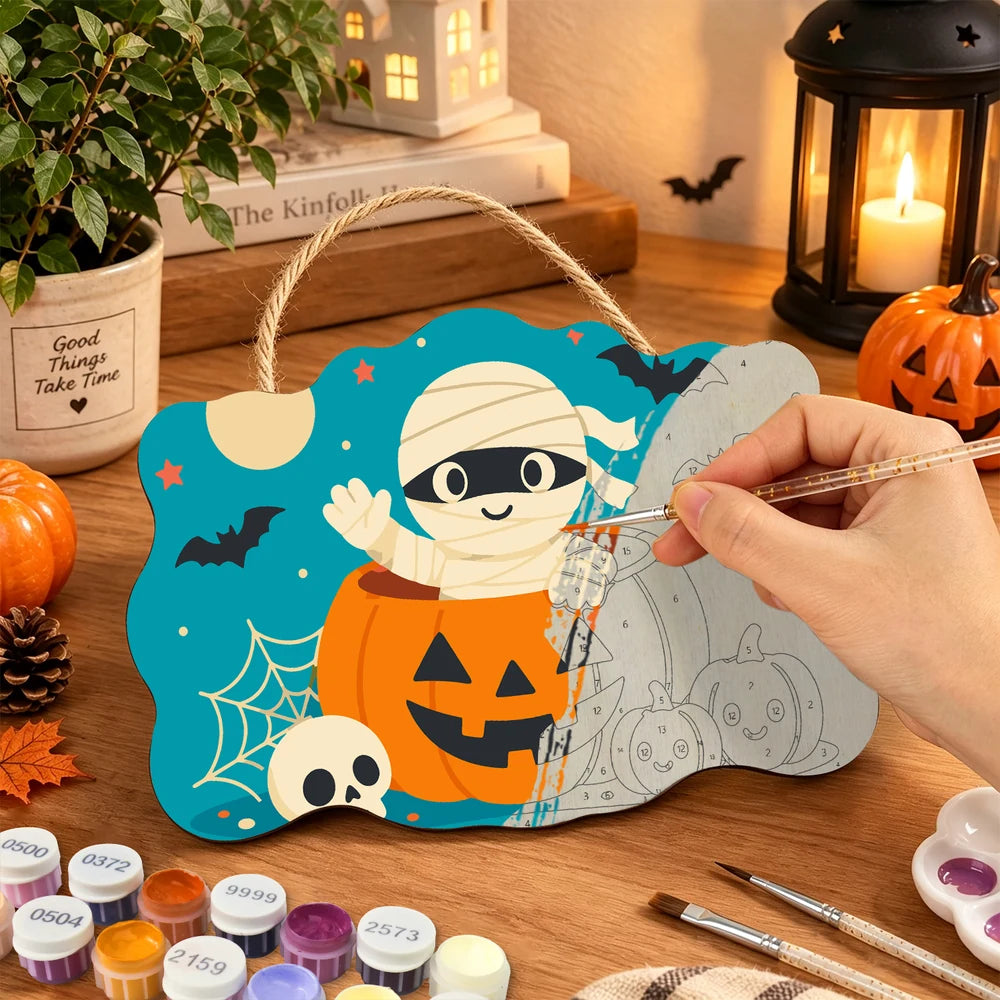 
Paint by Numbers - Wooden Door Hanger | Mummy in a Jack-o'-Lantern