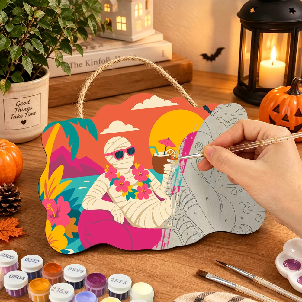 Paint by Numbers - Wooden Door Hanger | Mummy on a Flamingo Float