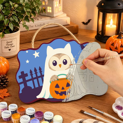 Paint by Numbers - Wooden Door Hanger | Owl Ghost with a Pumpkin