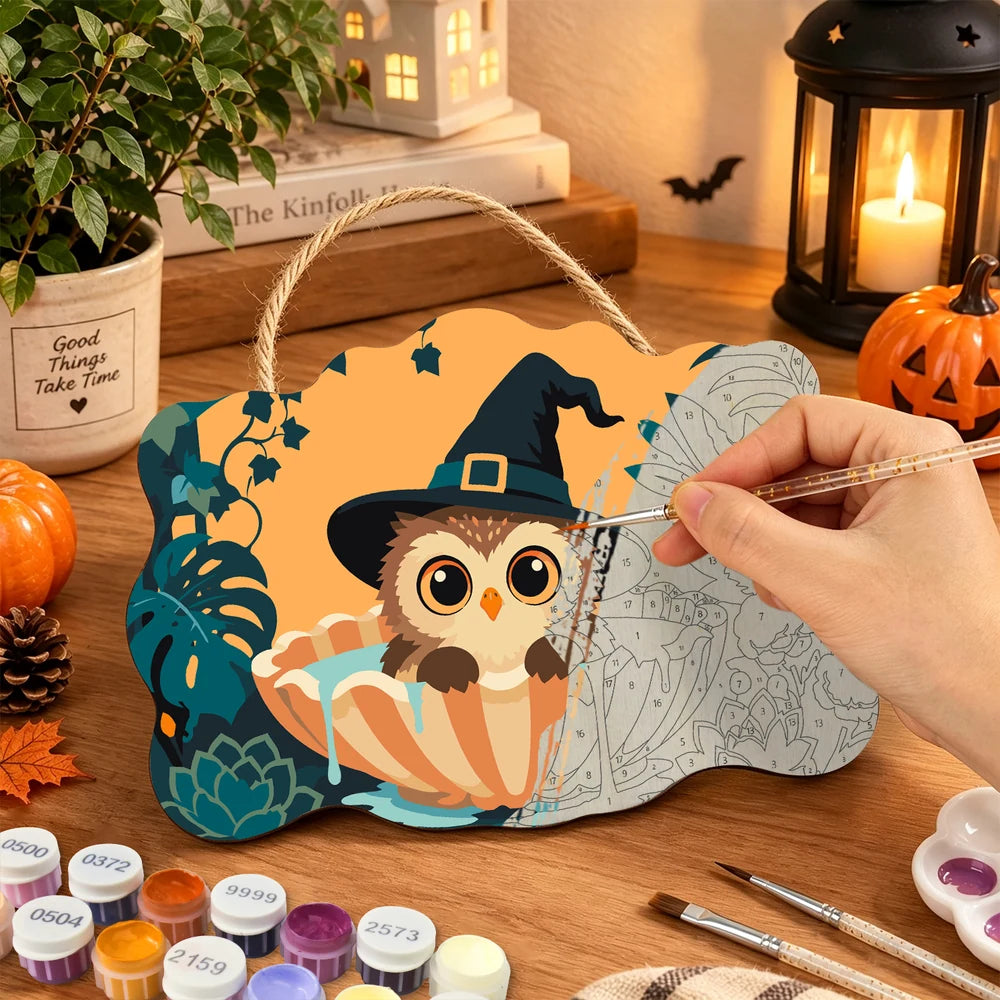 Paint by Numbers - Wooden Door Hanger | Owl Witch in the Bathtub
