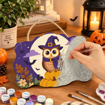 Paint by Numbers - Wooden Door Hanger | Owl in a Witch Hat in the Moon