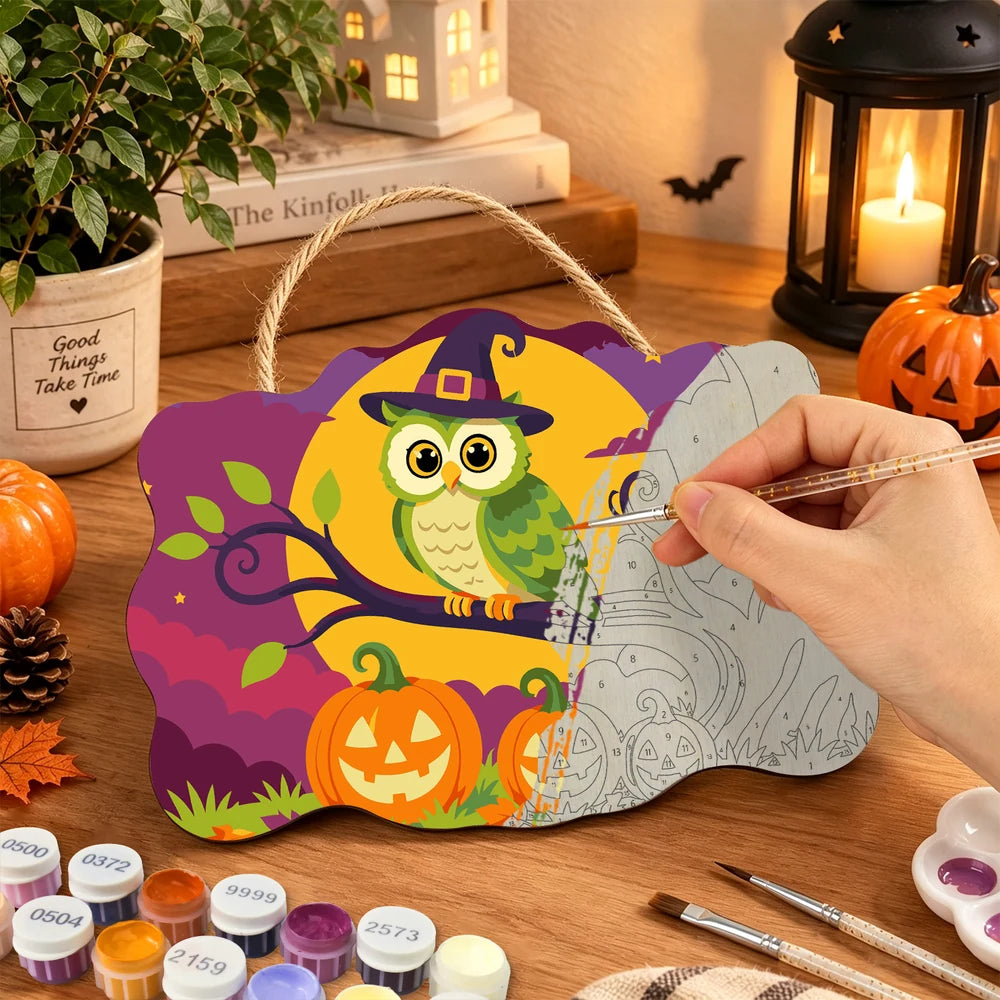 
Paint by Numbers - Wooden Door Hanger | Owl in a Witch Hat on a Branch