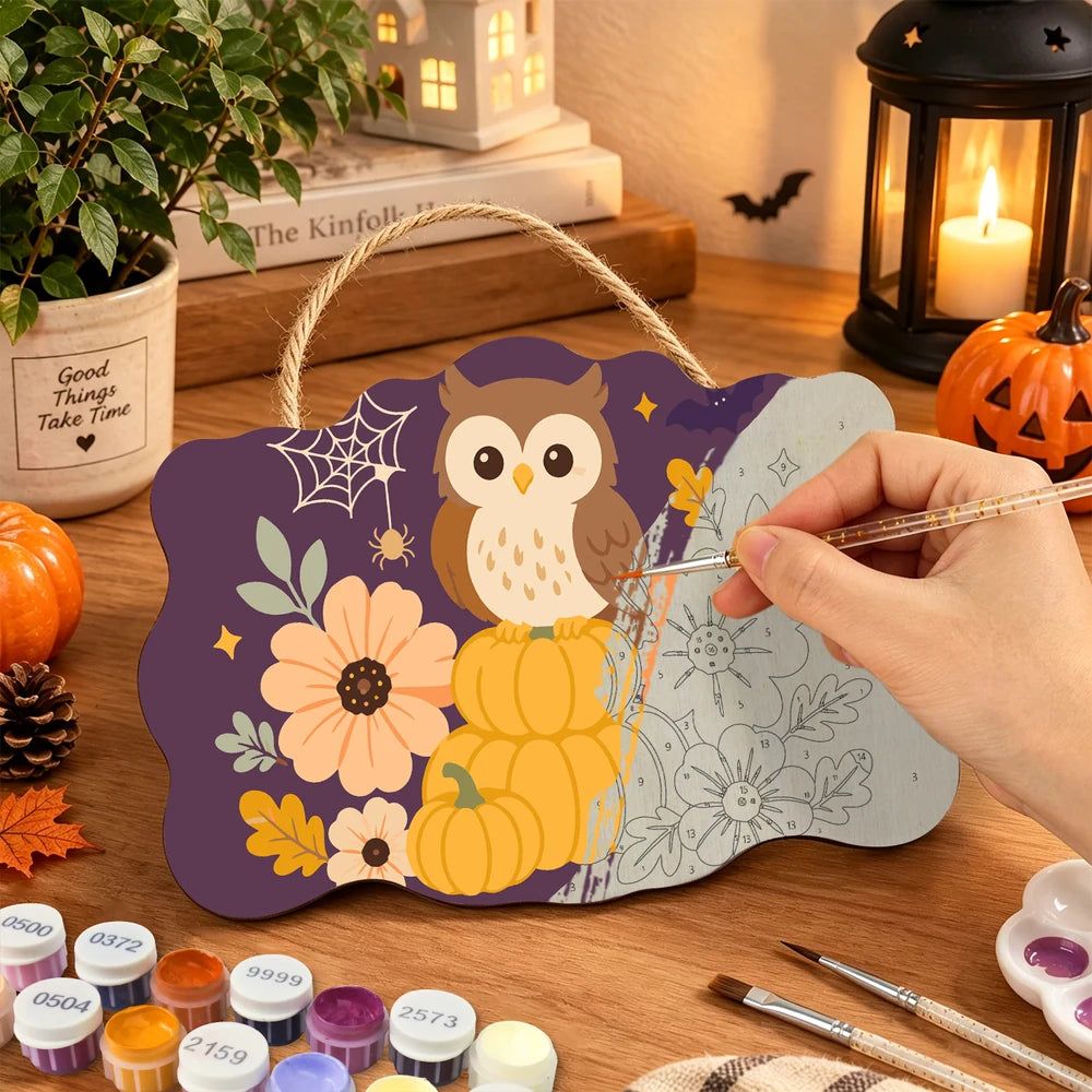 
Paint by Numbers - Wooden Door Hanger | Owl on Pumpkins with Flowers
