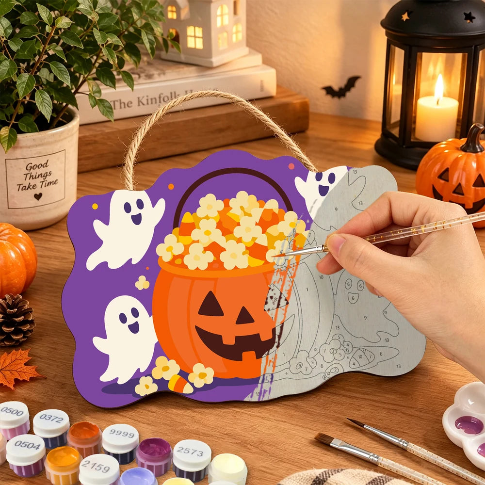 Paint by Numbers - Wooden Door Hanger | Popcorn Pumpkin Bucket with Ghosts