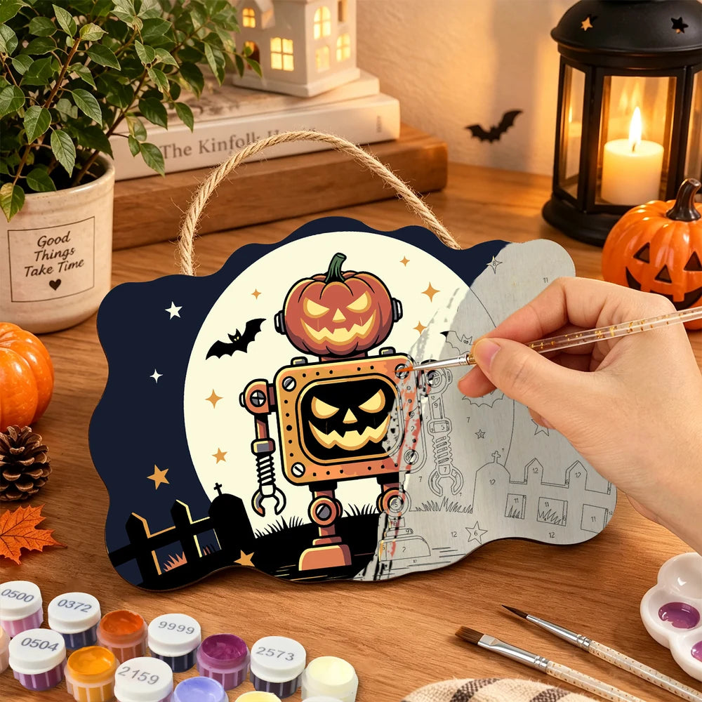 
Paint by Numbers - Wooden Door Hanger | Pumpkin Robot Under the Moon