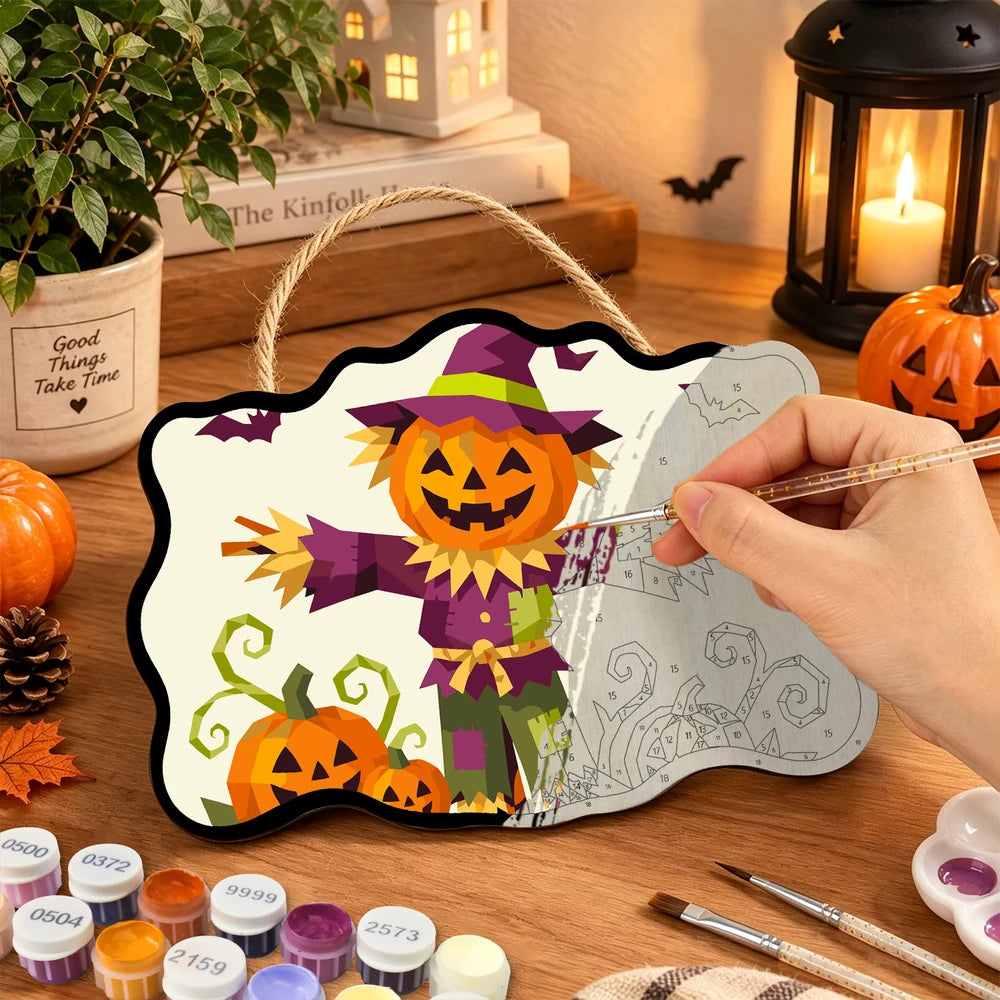 Paint by Numbers - Wooden Door Hanger | Pumpkin Scarecrow in Geometric Style