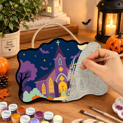 Paint by Numbers - Wooden Door Hanger | Purple Church on Halloween Night