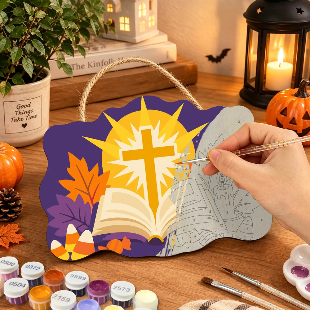 Paint by Numbers - Wooden Door Hanger | Shining Cross Over the Open Bible