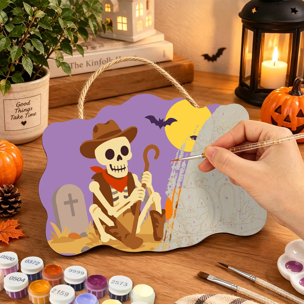 Paint by Numbers - Wooden Door Hanger | Skeleton Cowboy in the Graveyard