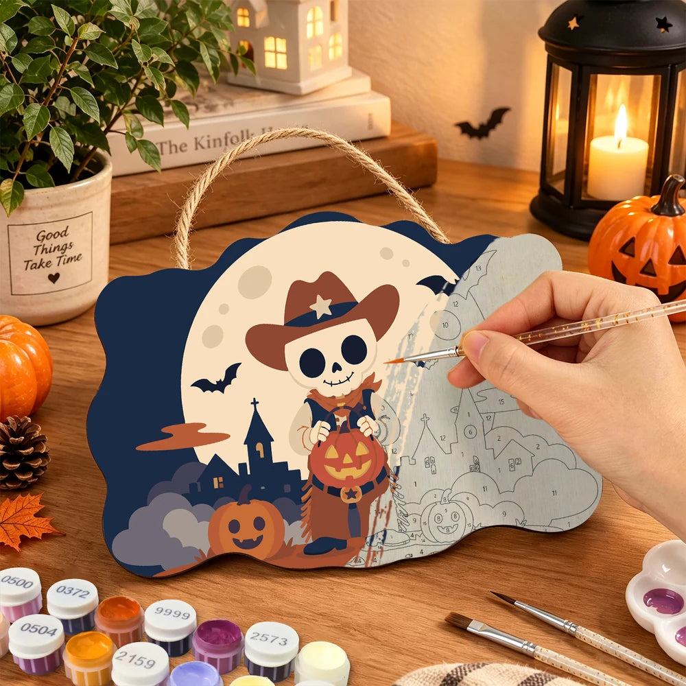 Paint by Numbers - Wooden Door Hanger | Skeleton Cowboy with a Pumpkin