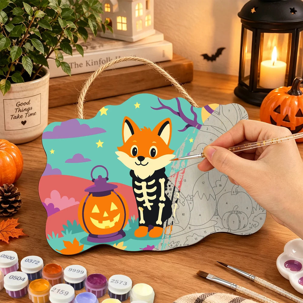 
Paint by Numbers - Wooden Door Hanger | Skeleton Fox with a Lantern