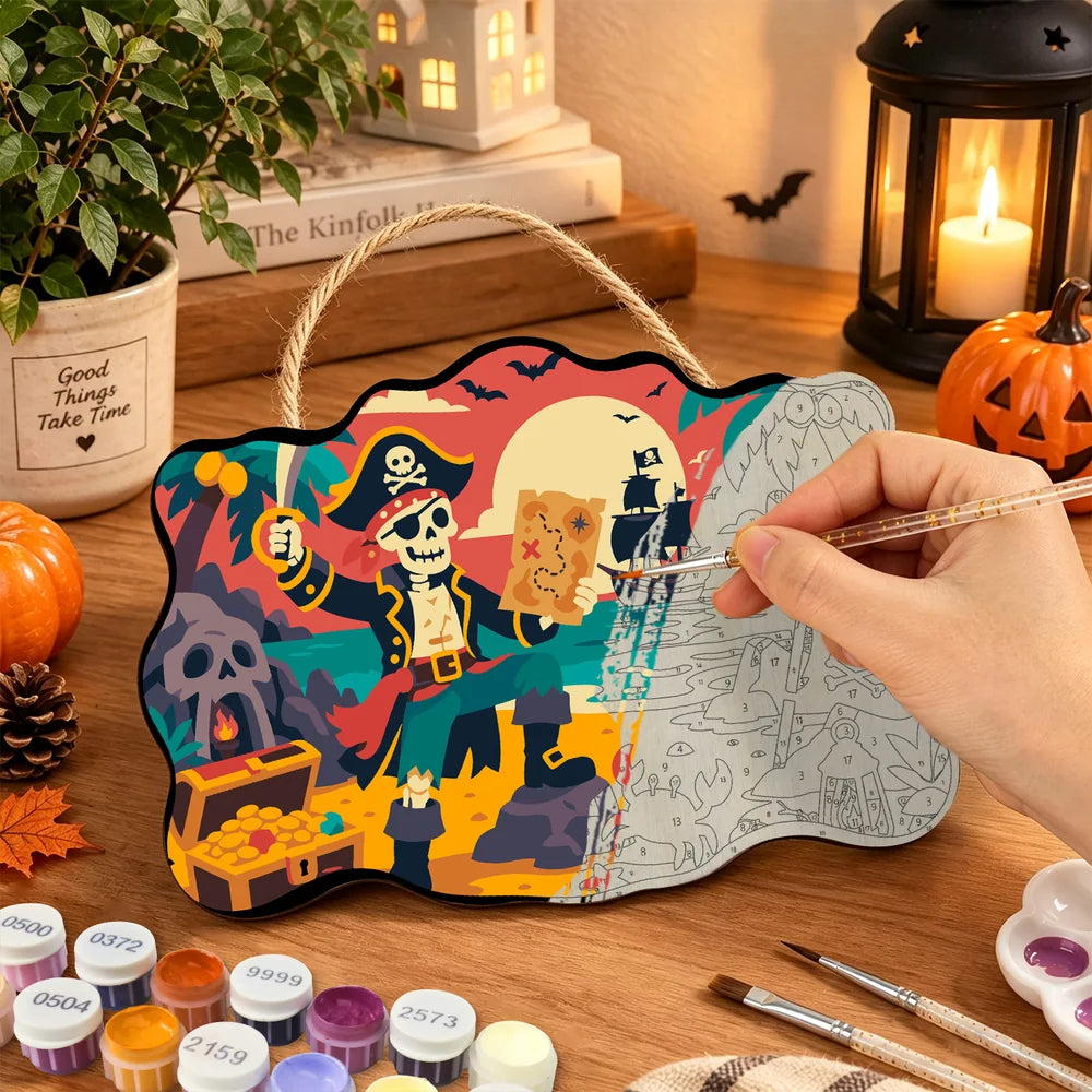 
Paint by Numbers - Wooden Door Hanger | Skeleton Pirate with a Treasure Map