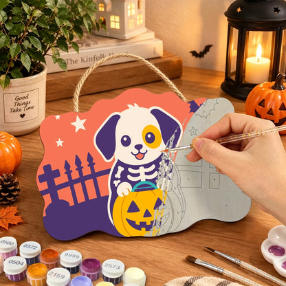 Paint by Numbers - Wooden Door Hanger | Skeleton Puppy with a Pumpkin