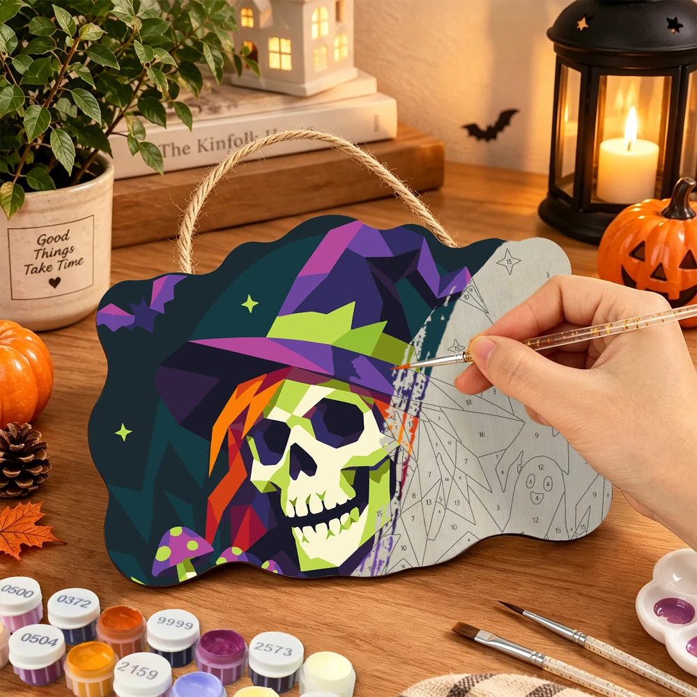 
Paint by Numbers - Wooden Door Hanger | Skull Witch in Geometric Style