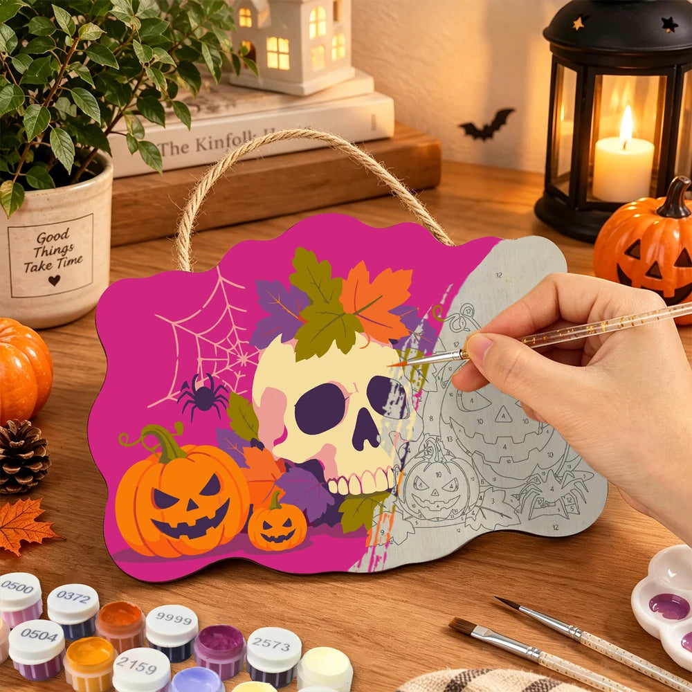Paint by Numbers - Wooden Door Hanger | Skull with Autumn Leaves and Pumpkins
