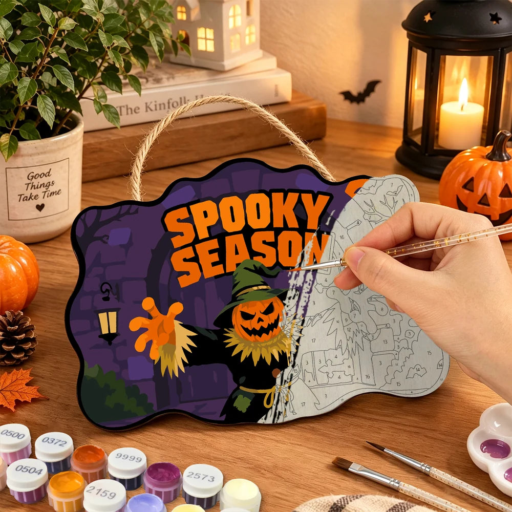 
Paint by Numbers - Wooden Door Hanger | Spooky Season Pumpkin Scarecrow