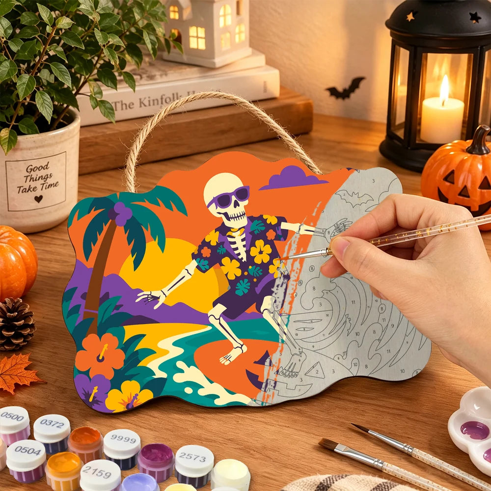 Paint by Numbers - Wooden Door Hanger | Surfing Skeleton in a Hawaiian Shirt