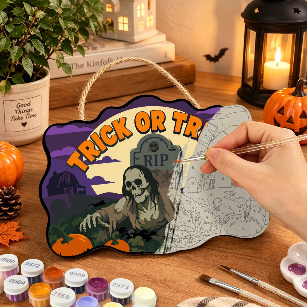Paint by Numbers - Wooden Door Hanger | Trick or Treat Graveyard Zombie