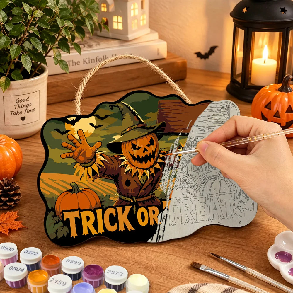 Paint by Numbers - Wooden Door Hanger | Trick or Treat Scarecrow with a Sign