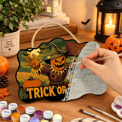 Paint by Numbers - Wooden Door Hanger | Trick or Treat Scarecrow with a Sign