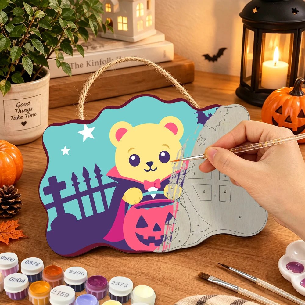 Paint by Numbers - Wooden Door Hanger | Vampire Bear with a Pumpkin
